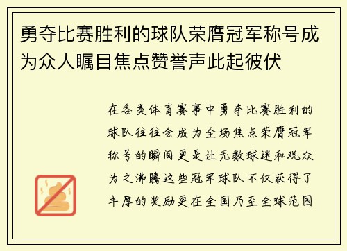 勇夺比赛胜利的球队荣膺冠军称号成为众人瞩目焦点赞誉声此起彼伏