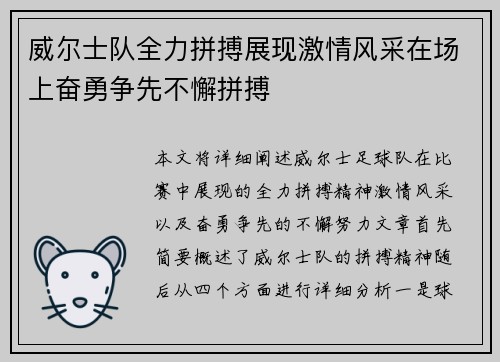 威尔士队全力拼搏展现激情风采在场上奋勇争先不懈拼搏