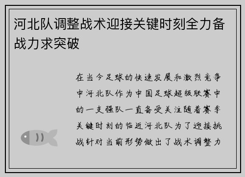 河北队调整战术迎接关键时刻全力备战力求突破