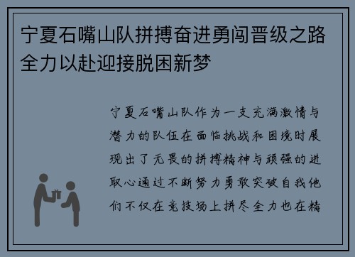 宁夏石嘴山队拼搏奋进勇闯晋级之路全力以赴迎接脱困新梦
